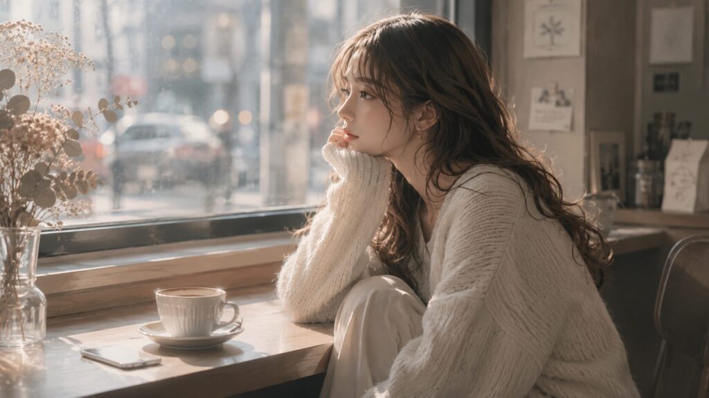 カフェで窓の外を見つめる女性の画像