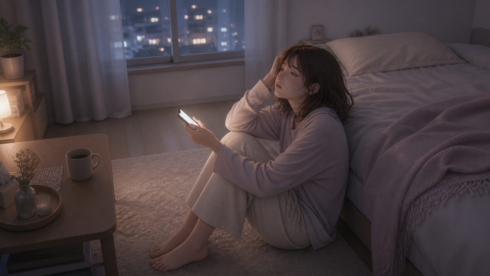 自衛隊の彼氏に会えない寂しさで、夜の部屋でスマホを握りしめながら限界を感じている女性のイラスト