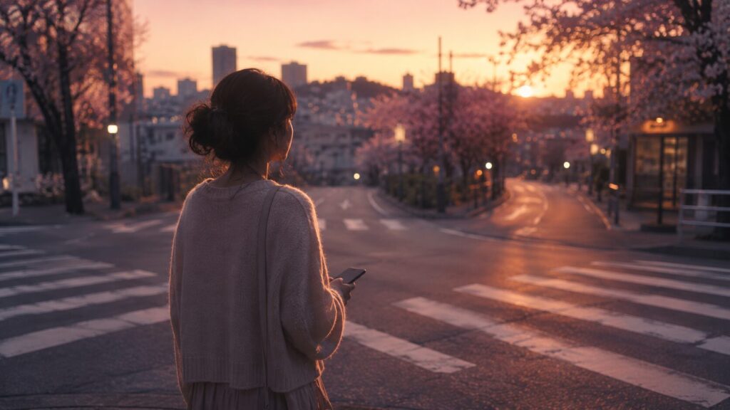 夕暮れの交差点で恋を続けるか距離を置くかを考える女性のイラスト