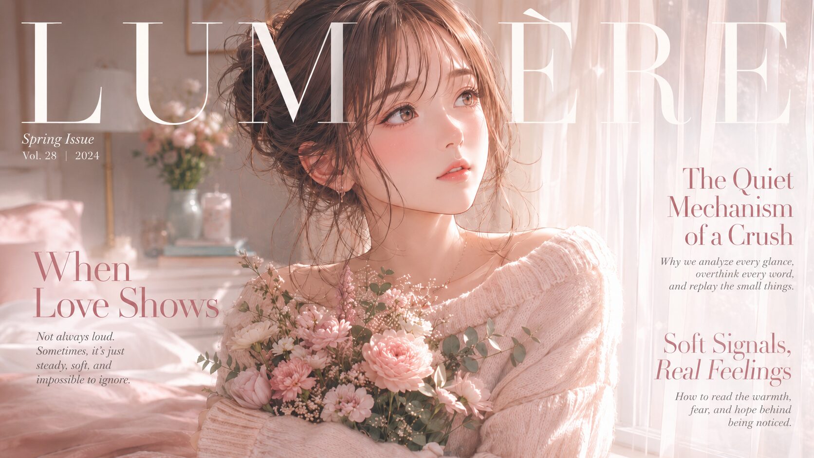 好きバレの不安と期待を抱きながら、花束を抱えて窓辺にたたずむ女性の海外雑誌風イラスト