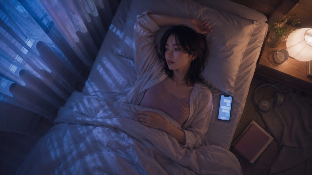 夜のベッドで眠れずに横たわり、そばに置いたスマートフォンを気にする女性