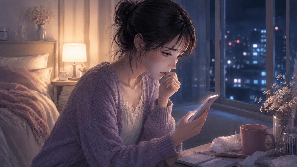 夜の部屋で追いLINEを送ろうとして、スマホを前に迷う女性