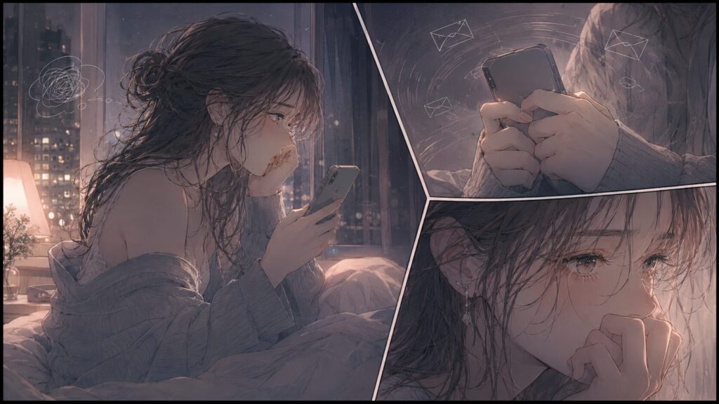 夜のベッドでスマホを握りしめ、LINEを送りすぎる不安に揺れる女性のイラスト