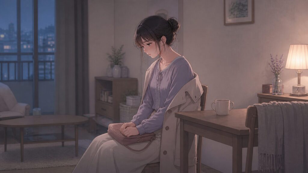 デート後の部屋で、理想と現実の違いに気づいて戸惑う女性のイラスト