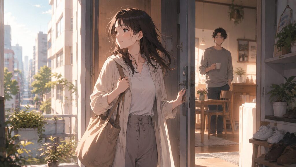 朝の玄関で外へ踏み出す女性と、室内から穏やかに見守る男性のイラスト