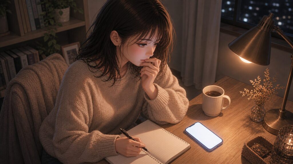 彼氏の既読無視をすぐに冷めたサインと決めつけず、ノートに気持ちを整理する女性のイラスト