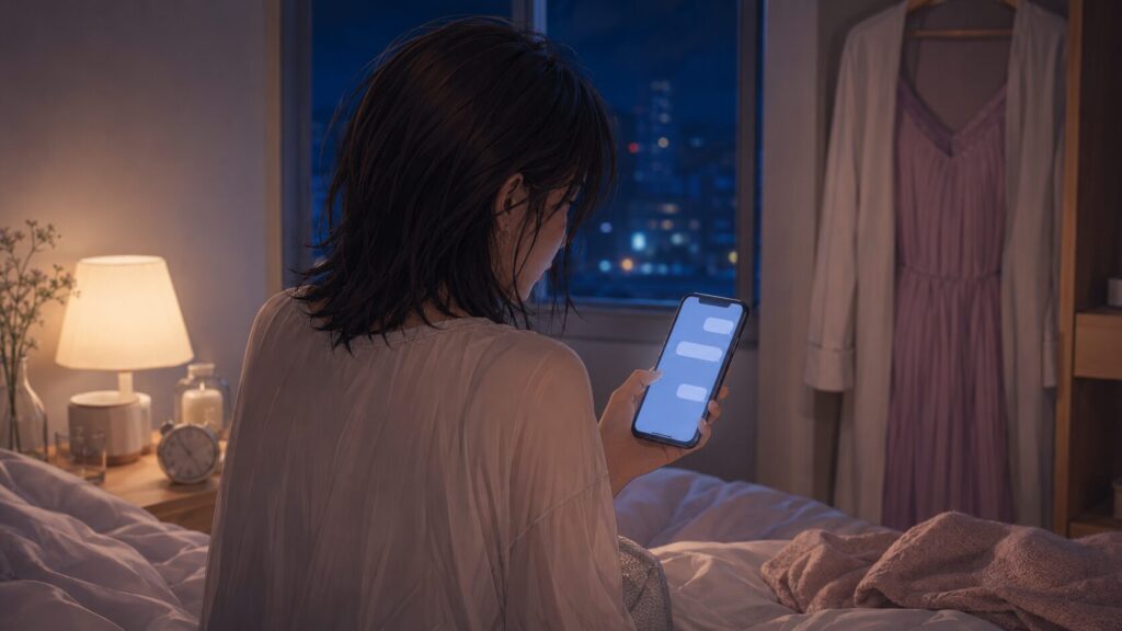 夜の寝室で返信の来ないスマートフォンを見つめ、不安そうに座る女性