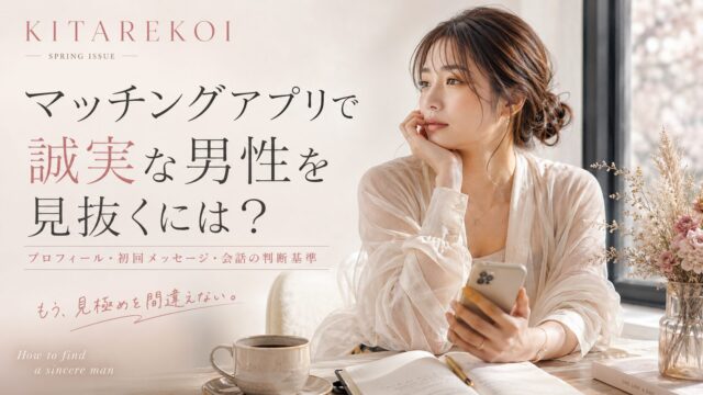 マッチングアプリの画面を見ながら、誠実な男性かどうか迷っている大人の女性