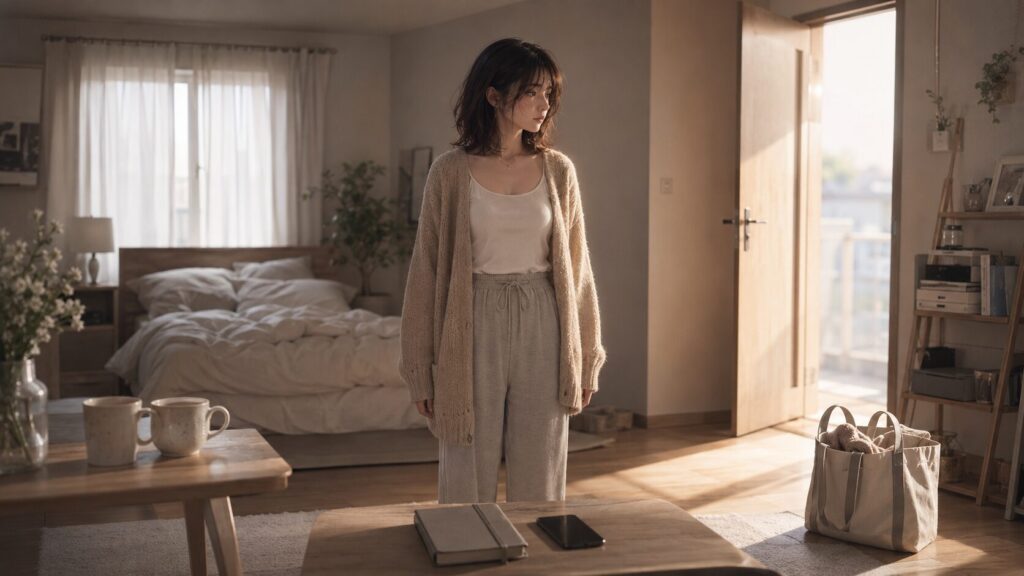 朝の部屋で、続ける恋、距離を置く恋、別れる恋という選択肢を前に立ち止まる女性