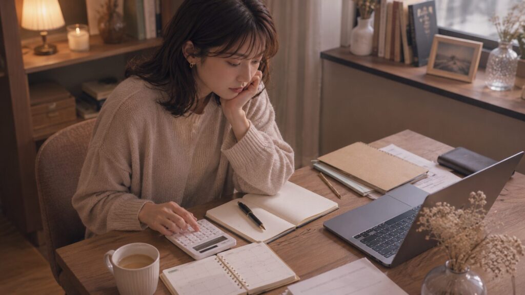公務員彼氏の安定性や将来設計を考えながら、家計ノートと電卓を前に現実を見つめる女性のイラスト