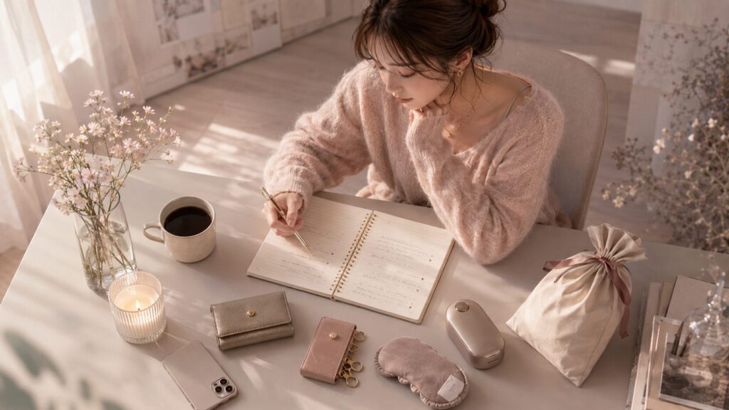 彼氏の誕生日プレゼントを失敗しないよう、ノートに候補を整理しながら実用品を選ぶ女性のイラスト