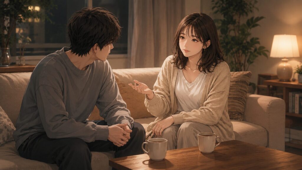 彼氏との距離感について、ソファで落ち着いて話し合う女性と彼氏のイラスト