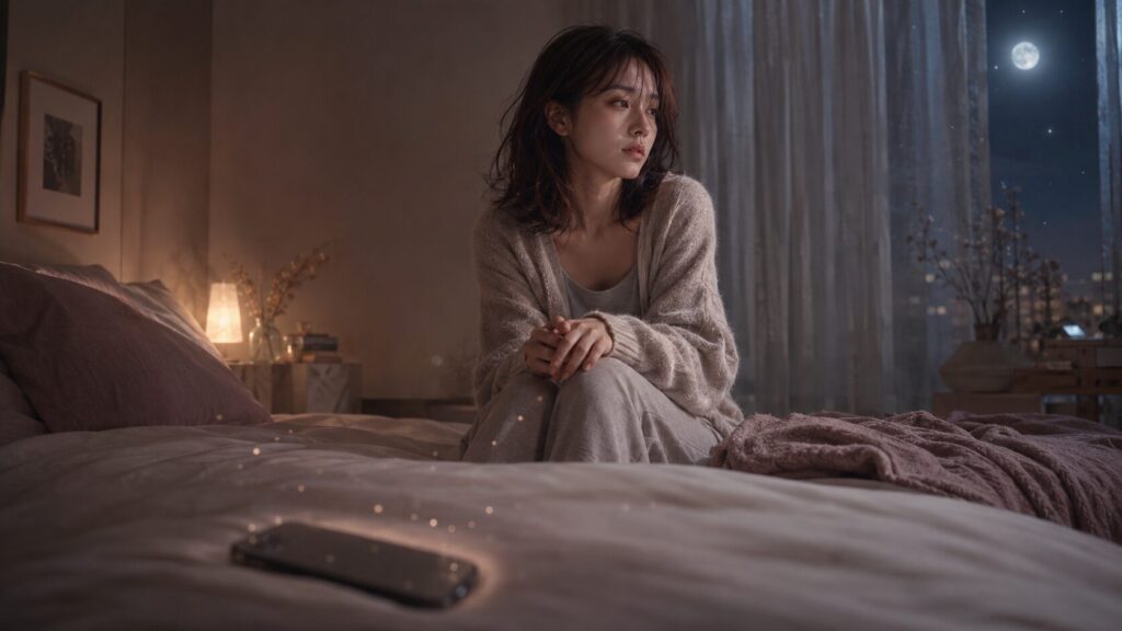 恋愛初期に彼のことが頭から離れず、夜の寝室でスマホを伏せたまま眠れずにいる女性