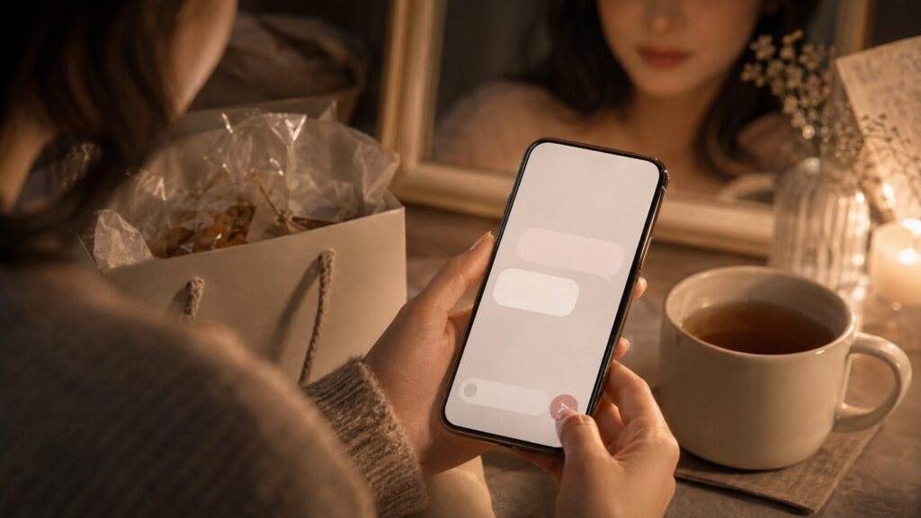 忙しい彼氏に返信を求めない短いLINEを送ろうとする女性の手元と差し入れ袋のイラスト