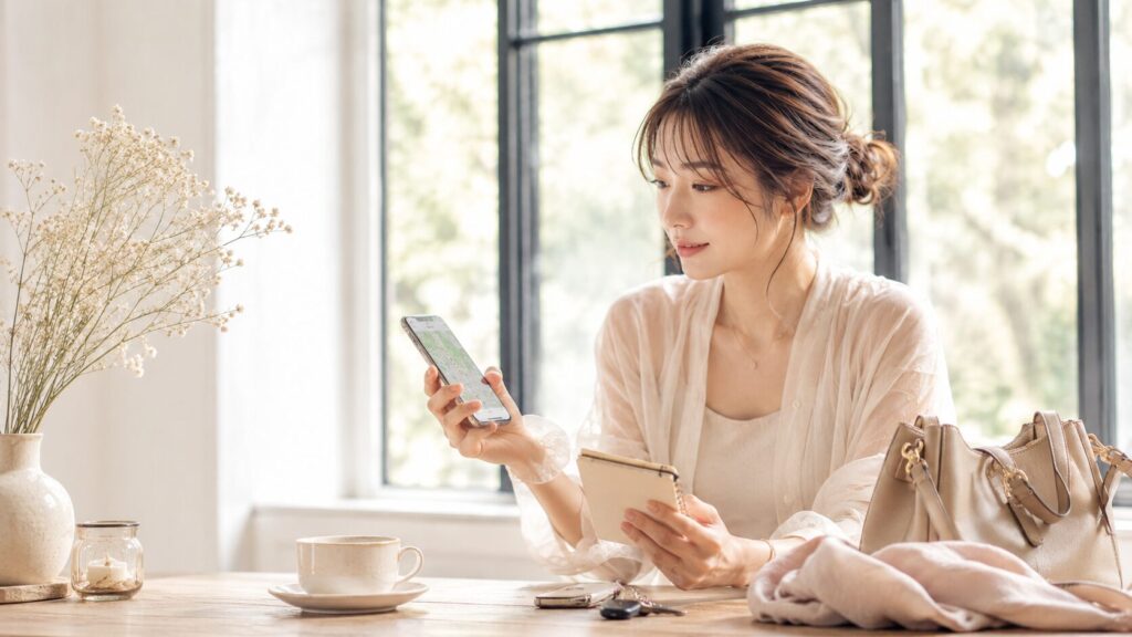 初デート前に昼間のカフェや待ち合わせ場所を確認して安心材料を整える女性