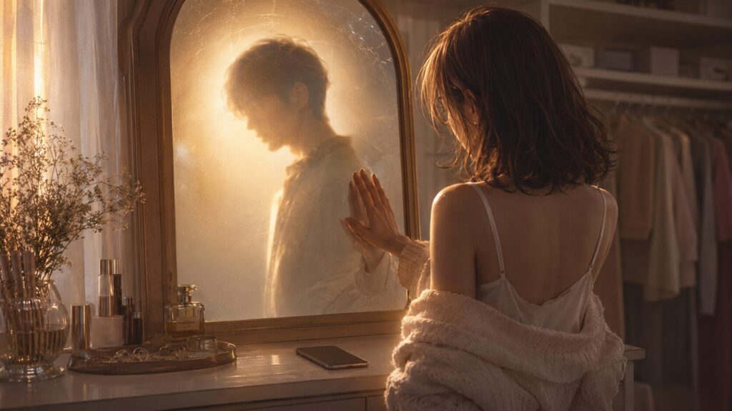 鏡に映る理想化された男性の印象に引き寄せられ、恋愛の後光効果に気づけない女性