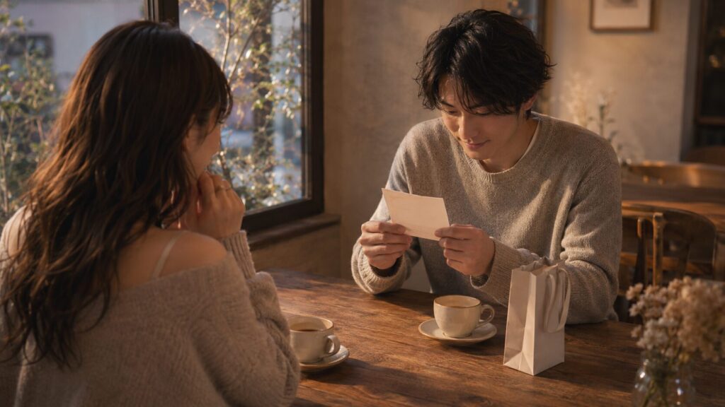 カフェで彼氏がメッセージカードを読み、彼女が少し不安そうに反応を見守るイラスト