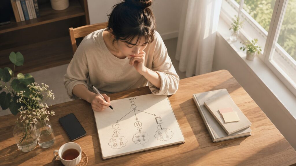 恋愛を続けるか距離を置くか離れるか、ノートに整理しながら判断基準を考える女性