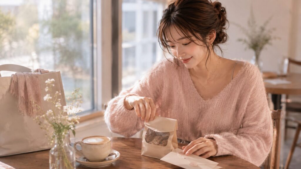 付き合いたての彼氏に重くならない小さな焼き菓子とギフトカードをカフェで用意する女性のイラスト