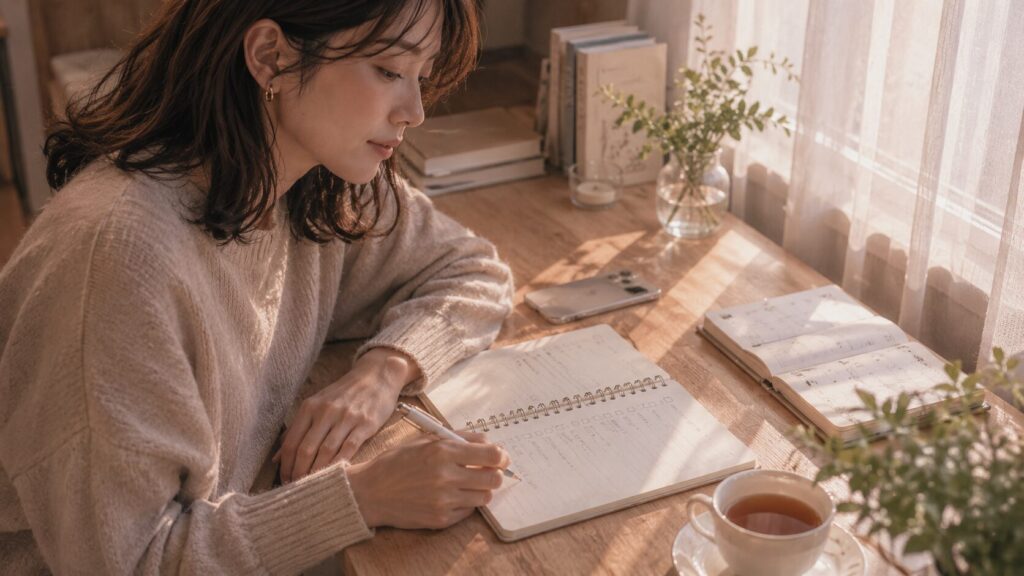 公務員彼氏と付き合う前に、連絡観や結婚観など確認したいことをノートに整理する女性のイラスト