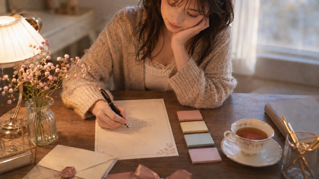 彼氏に喜ばれる手紙を書くために、便箋と下書きメモを使って文章を整える女性の手元