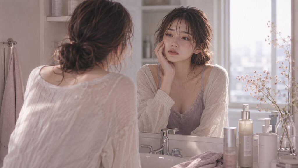 疲れる恋の中で自分らしさを失っていないか、洗面台の鏡を見つめて気づく女性のイラスト