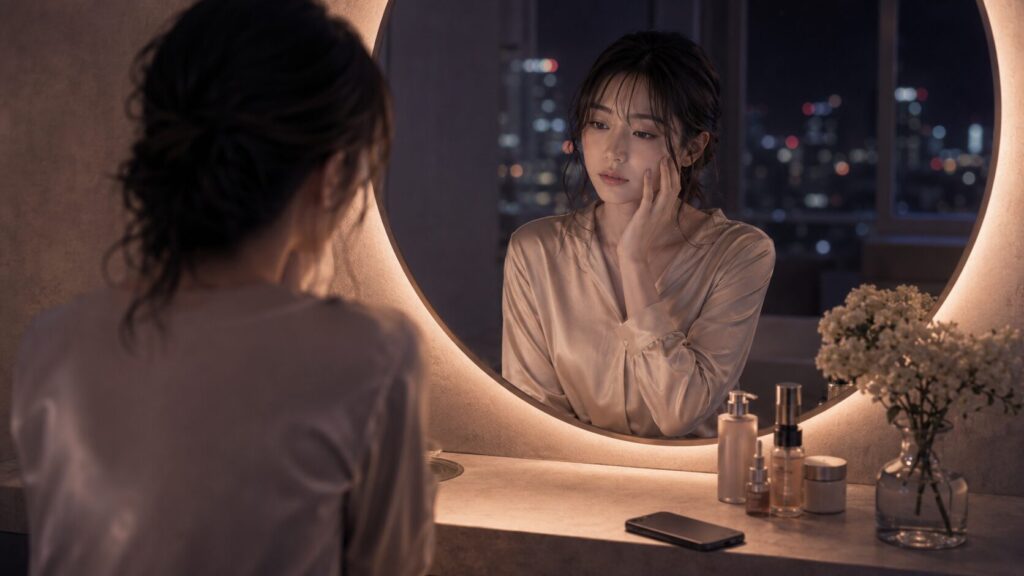 夜の洗面所で鏡を見つめながら、付き合っているのに寂しい自分を責めすぎていたことに気づく女性