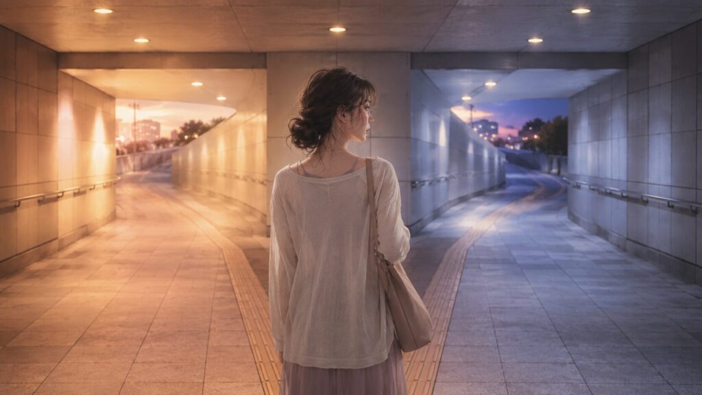 恋を続けるか別れるか迷う女性が、夕方の駅の分かれ道で立ち止まっているイラスト