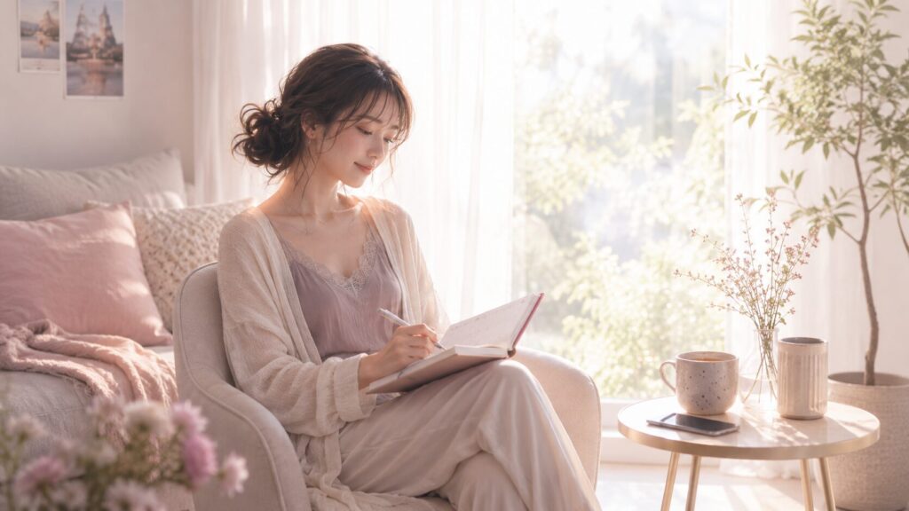 彼中心の生活から離れ、自分の予定を手帳に書きながら心を整える女性のイラスト