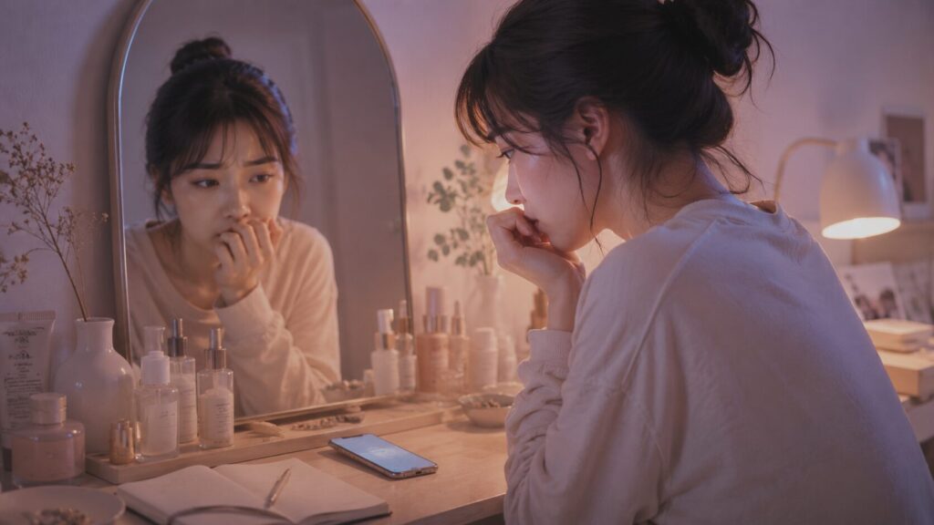 鏡の前でスマホを置き、恋愛で自己肯定感が下がる理由について静かに考え込む女性