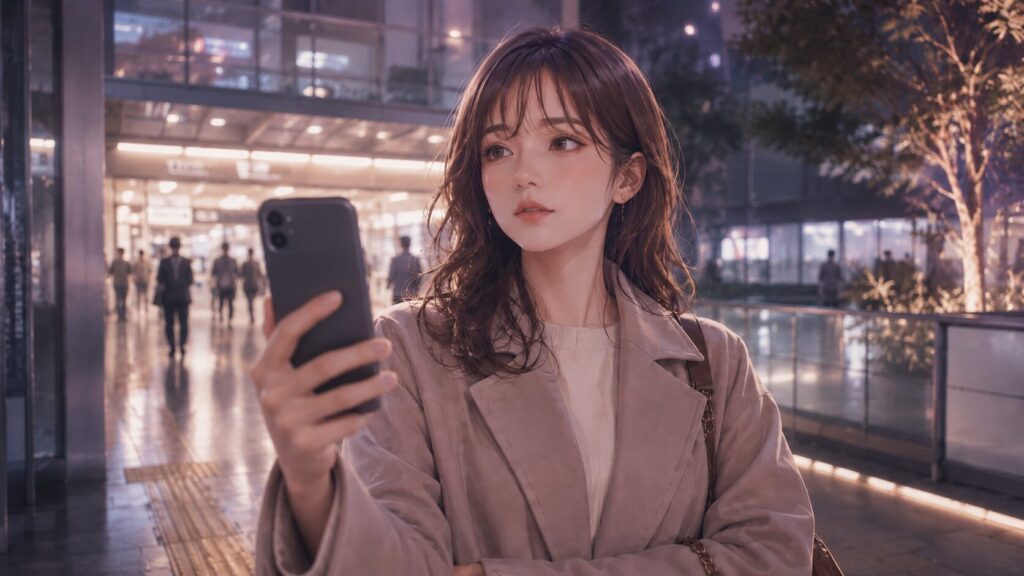 一目惚れした相手の距離の詰め方に違和感を覚え、夜の駅前でスマホを見ながら冷静に判断する女性