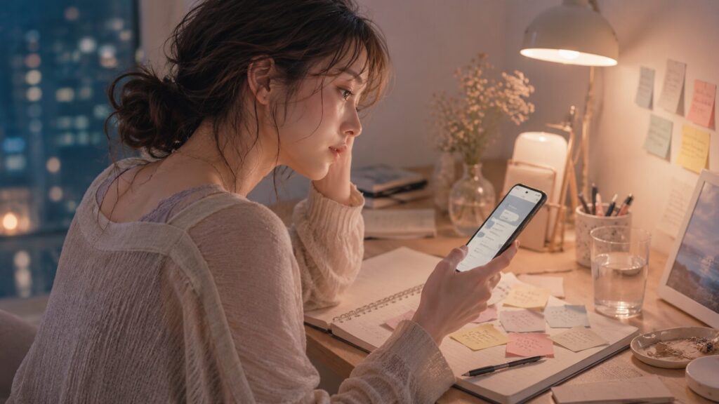彼の返信を見ながら不安になった女性が、夜の机で事実と解釈を整理しようとしているイラスト