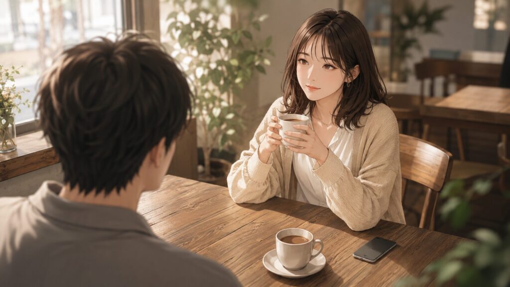 カフェで彼氏と穏やかに向き合い、安心と自由のある距離感を感じている女性のイラスト