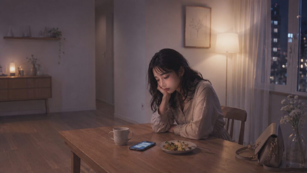 彼氏との関係に疲れ、食事の前でスマホを見ながら自己肯定感が削られている女性