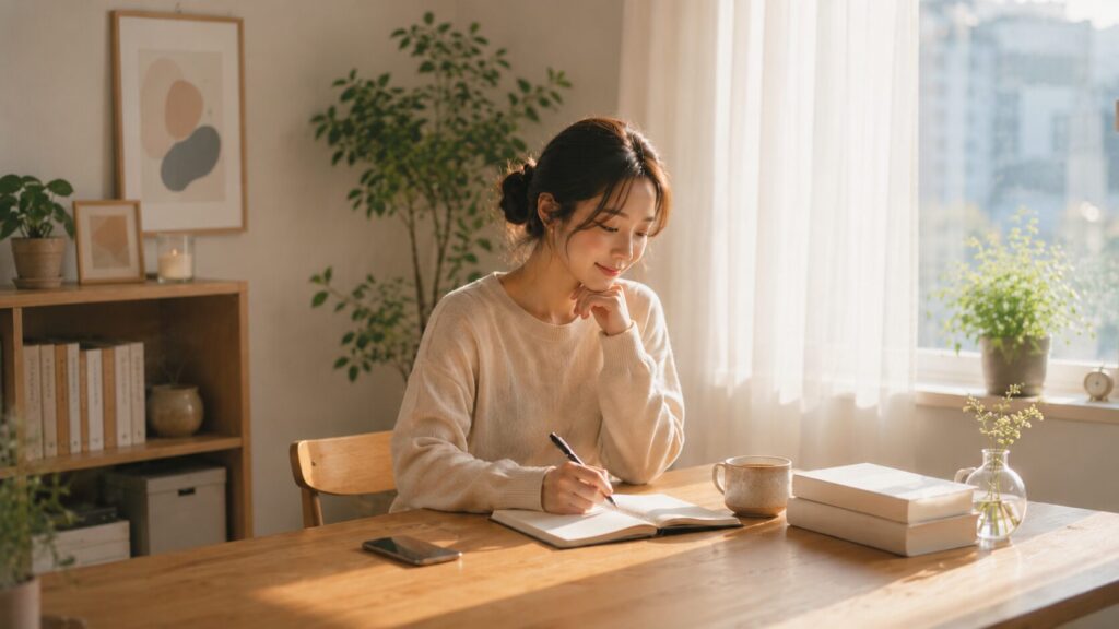 朝の光の中で日記を書き、恋愛で下がった自己肯定感を少しずつ取り戻す女性
