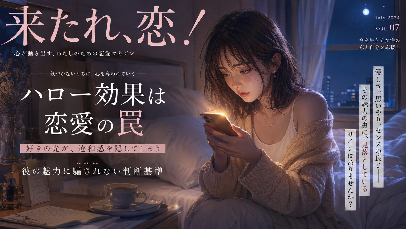 夜の部屋でスマホを見つめながら、ハロー効果によって相手の魅力と違和感の間で揺れる女性