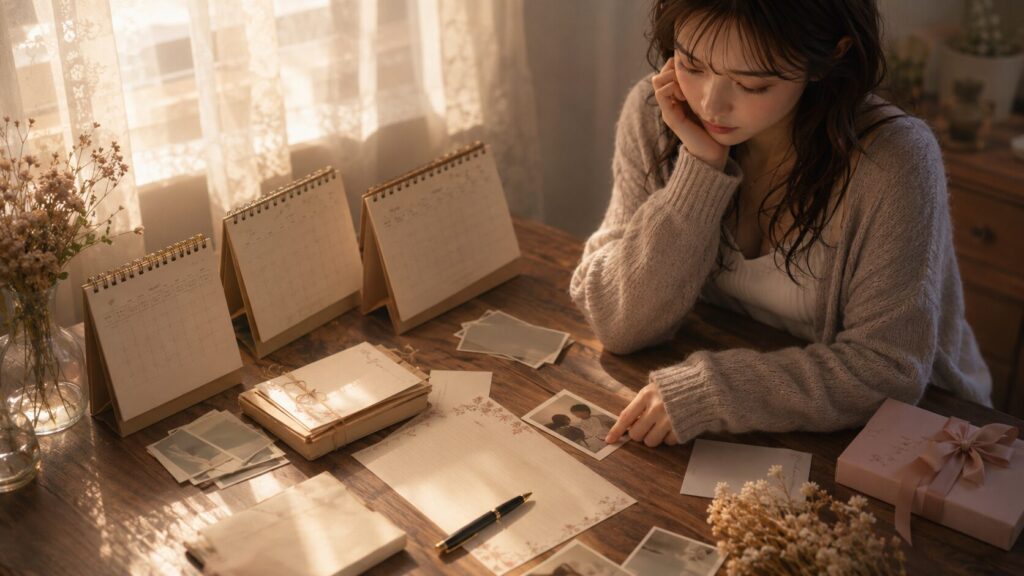 交際期間に合わせてメッセージカードや便箋、思い出の写真を選ぶ女性の手元イラスト