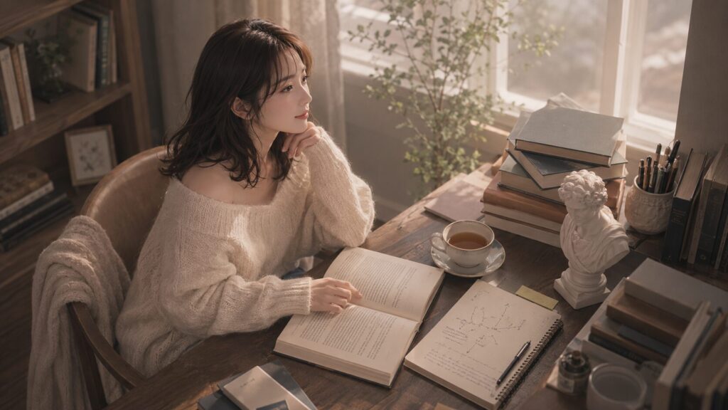 ピグマリオン効果やミケランジェロ現象を恋愛心理学として整理する女性のデスク風景