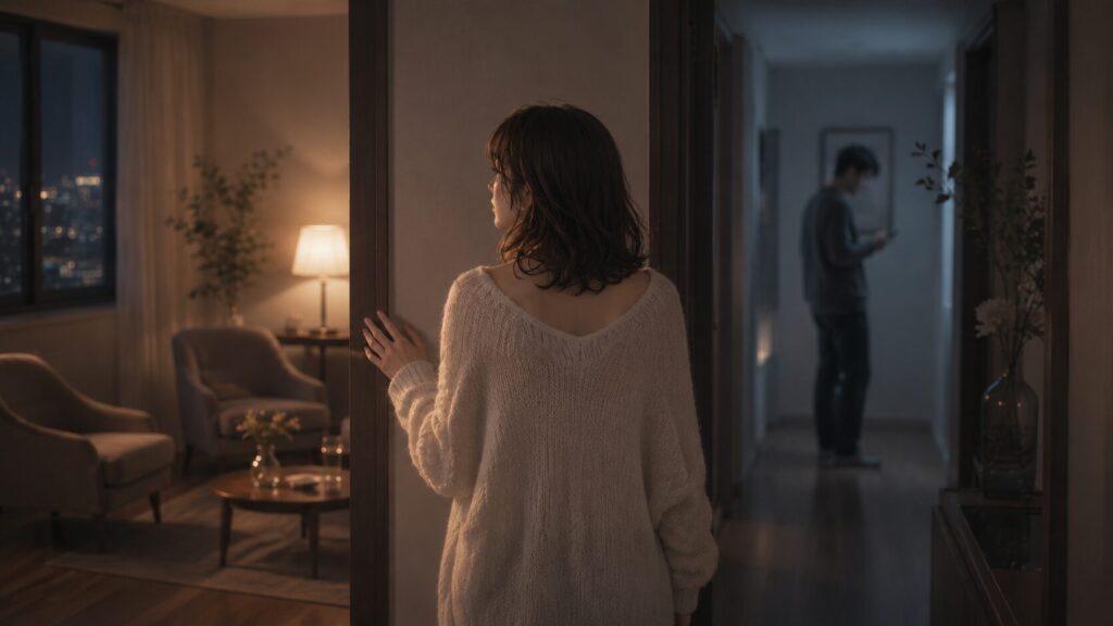 彼氏が変わらない時に待つべきか見切るべきか迷い、部屋の入口で立ち止まる女性
