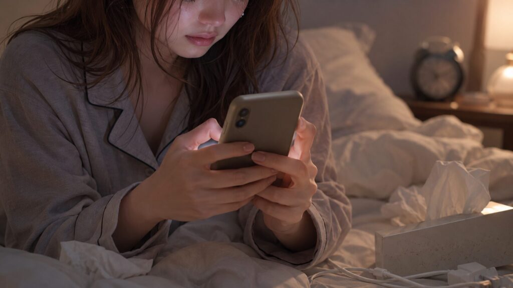 不安な夜に長文LINEを送ろうとして、スマホを握ったまま迷っている女性のイラスト