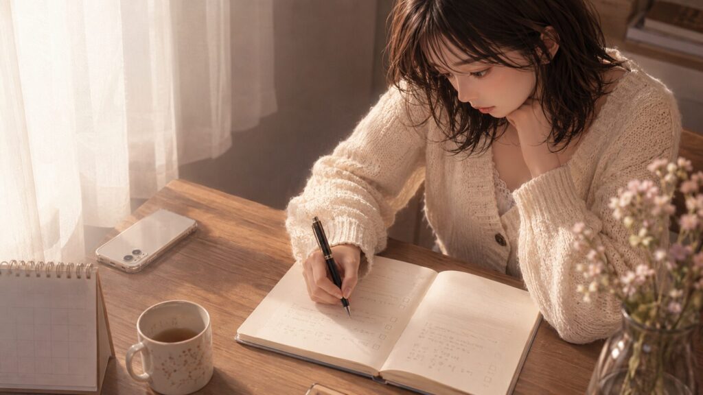 好きなのに苦しい恋が自己正当化かもしれないと、鏡の前で自分の表情を見つめる女性