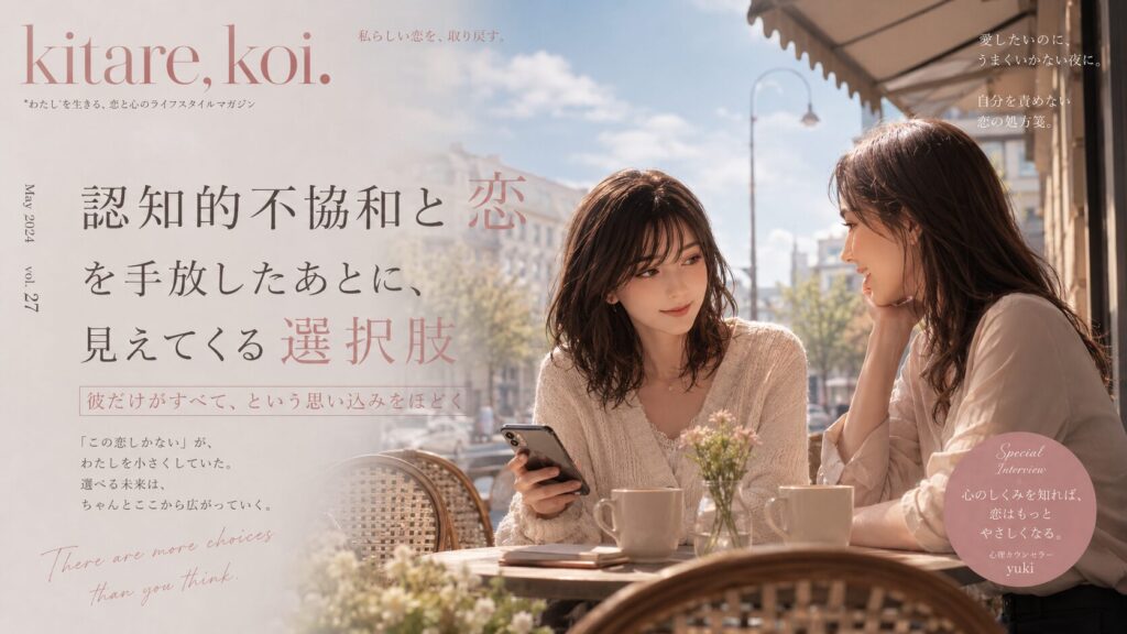 認知的不協和の恋愛から抜け出し、友人とカフェで新しい選択肢を考え始める女性