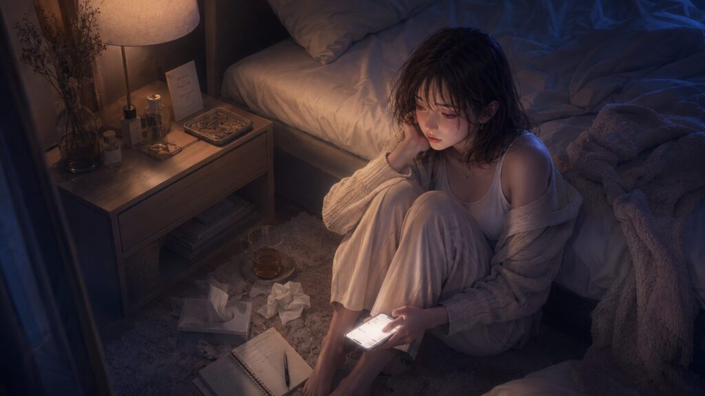 深夜の寝室で彼からの返信を待ちながら、不安を抱えてスマホを見つめる女性
