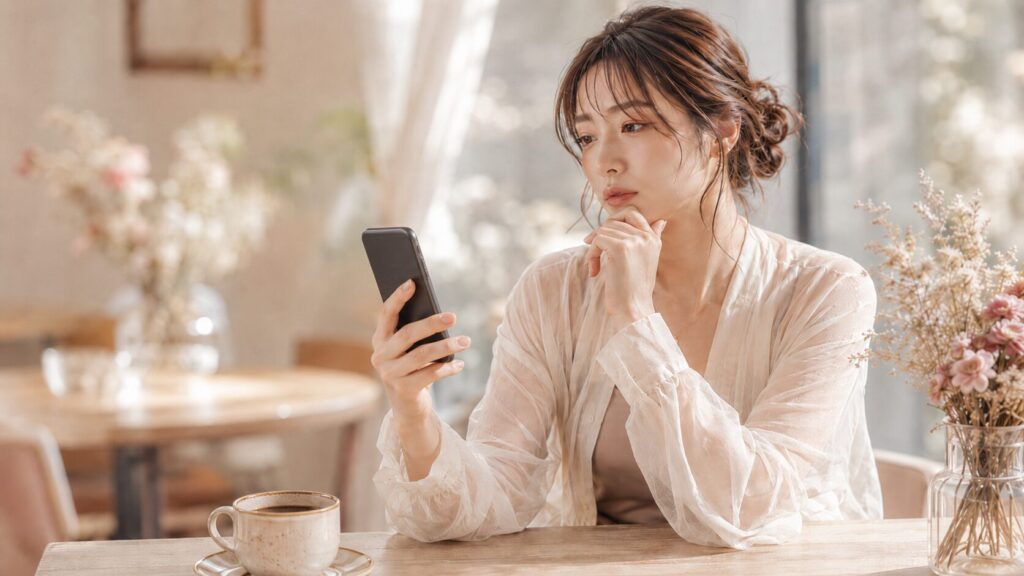 華やかなプロフィール写真よりも空白や違和感を確認している女性