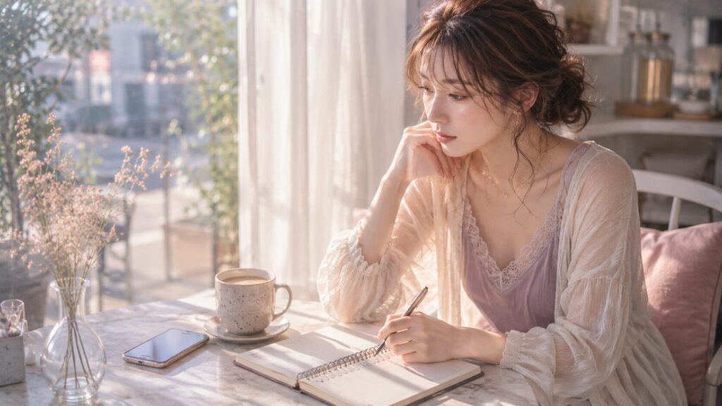 恋を続けるか距離を置くかを考える女性が、カフェでノートに気持ちを整理しているイラスト