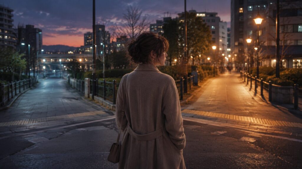 彼氏との関係を続けるか別れるか迷い、夕暮れの分かれ道で立ち止まる女性のイラスト
