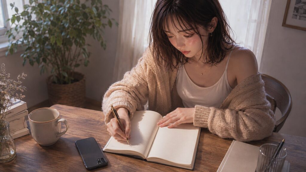 彼のいいところと不安な出来事をノートに書き出し、自分の恋愛を冷静に見直す女性