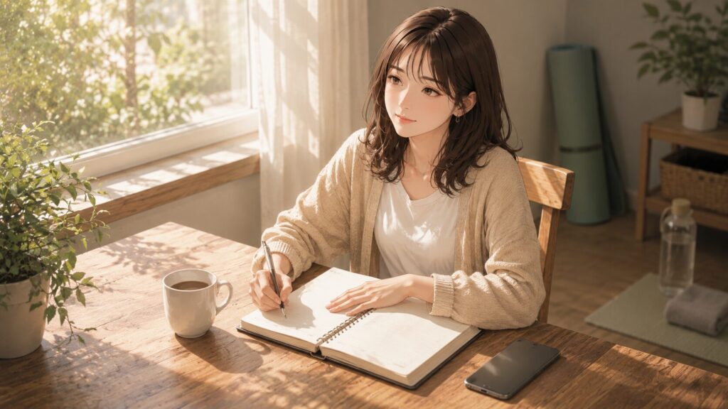 彼氏中心の生活から自分の距離感を取り戻すため、朝の部屋で予定を整理する女性のイラスト