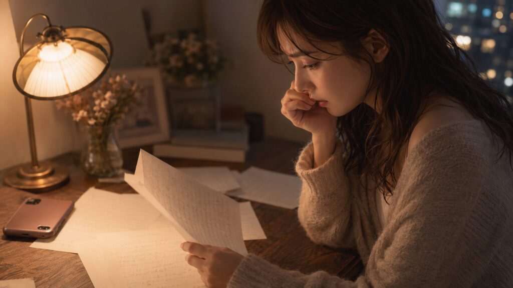 彼氏への長い手紙を読み返し、重く見えないか不安になる女性の横顔イラスト