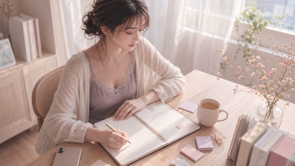 別れる前に恋愛の事実ログをつけながら、彼との関係を冷静に整理している女性のイラスト